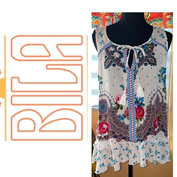 Bila ivory boho V neck tassel top high low hem size Med - Picture 1 of 10